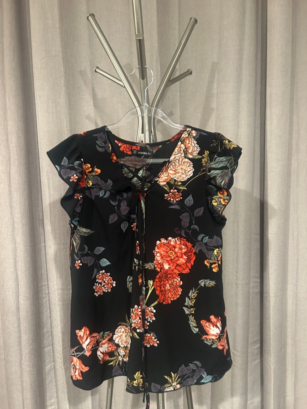 Tie-Front Floral Ruffle Sleeve Blouse - Black with vibrant Flowers.